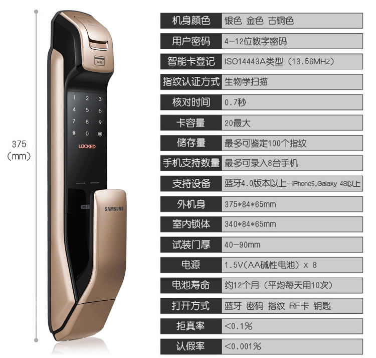 三星指紋鎖DP728 活體指紋識別 高配版智能鎖