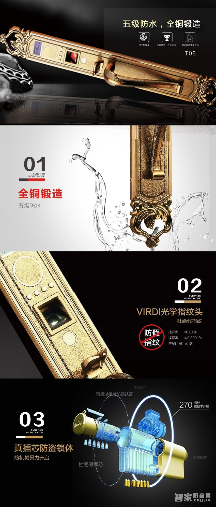 金指碼別墅智能鎖T08 防水全銅電子密碼鎖