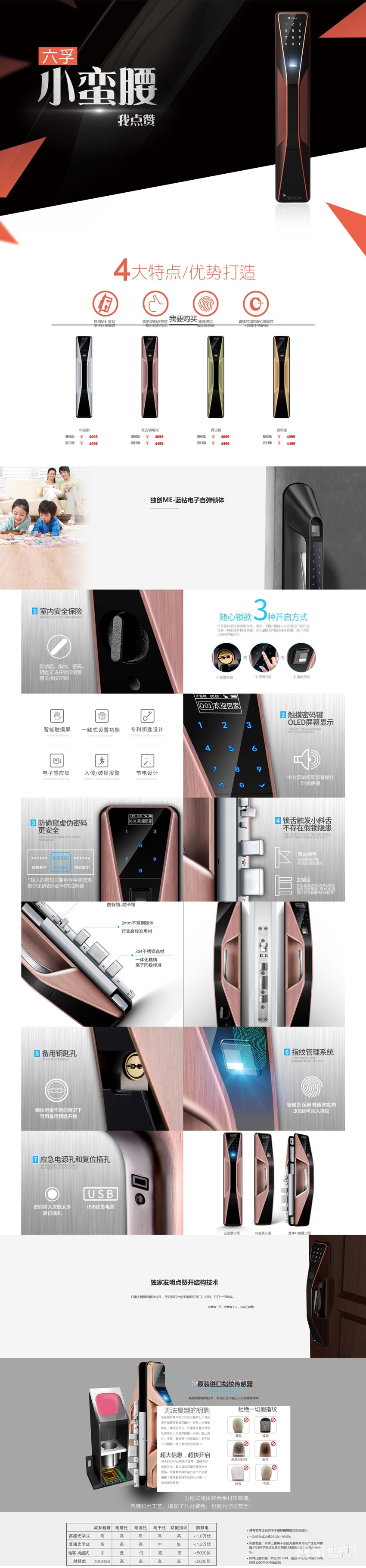 六孚智能鎖小蠻腰指紋鎖密碼鎖直板紅古銅