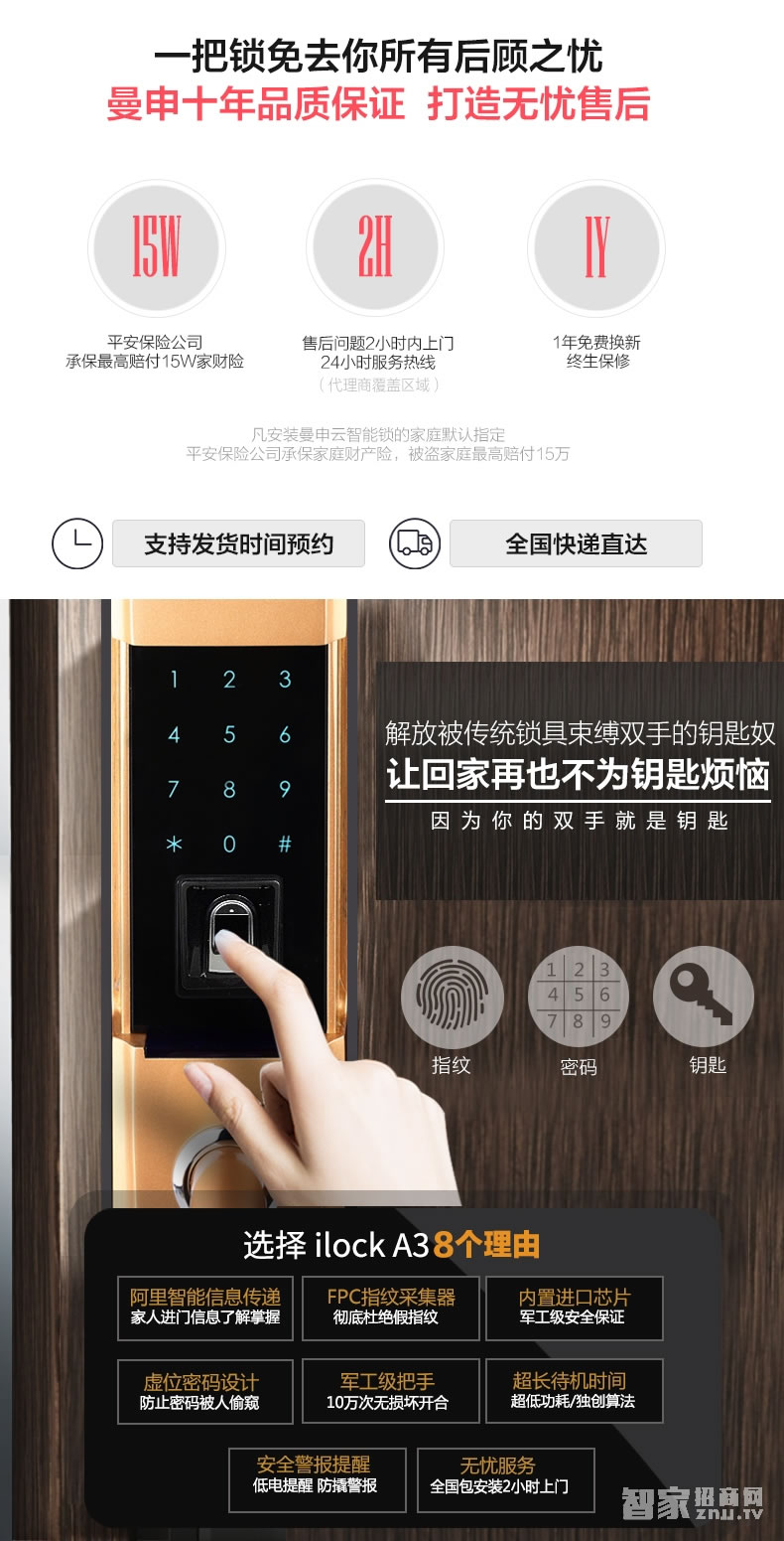 曼申滑蓋指紋鎖 家用防盜門鎖 智能門鎖刷卡鎖