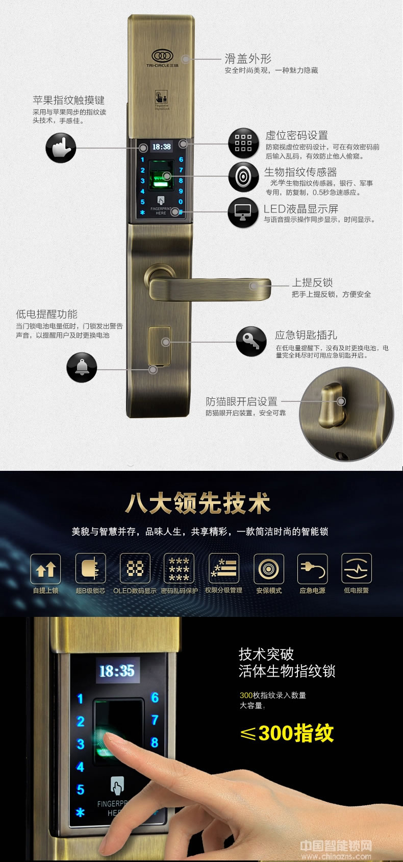 三環(huán)指紋鎖 滑蓋智能指紋鎖 家用防盜門密碼刷卡鎖