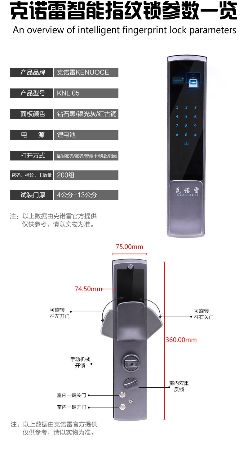 克諾雷智能鎖 五合一開門智能鎖 智能感應密碼鎖