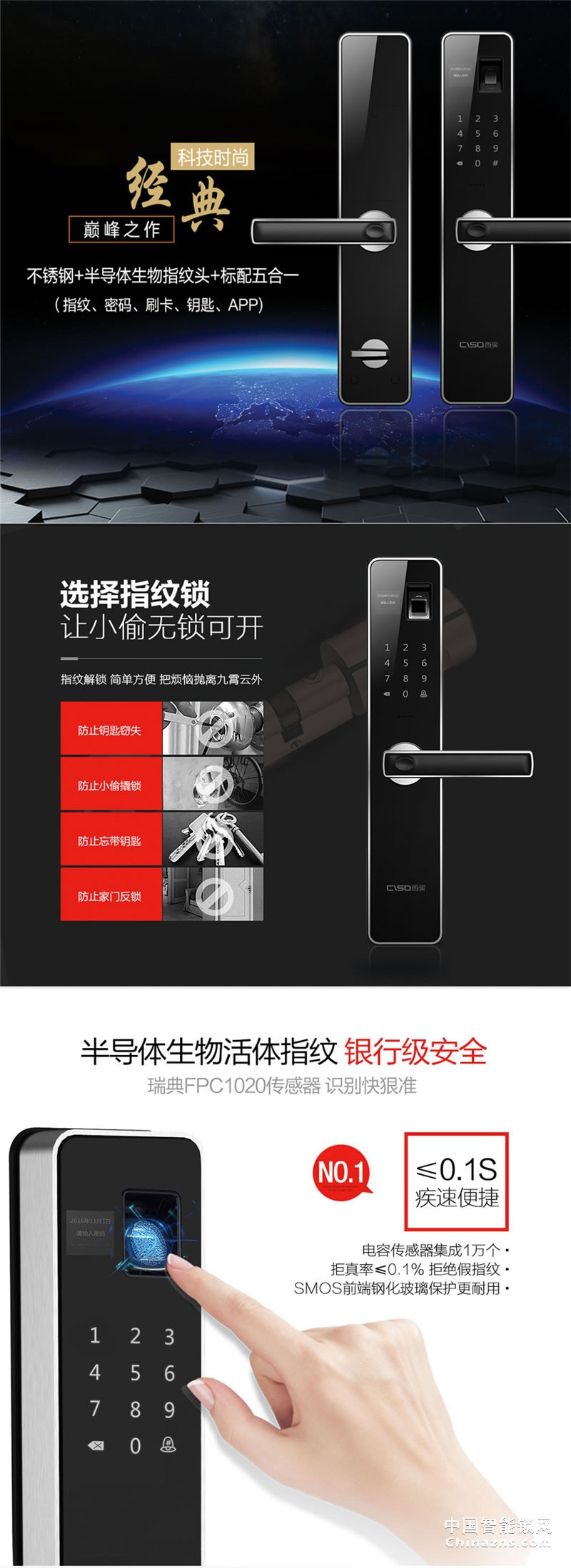 西巢不銹鋼指紋鎖 RSDXC-QS636 刷卡磁卡感應