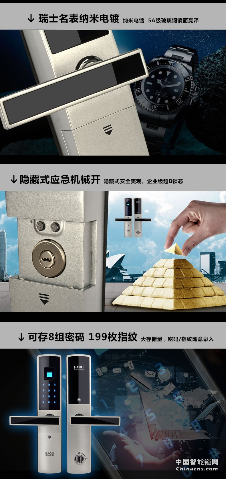 高利指紋密碼鎖 智能電子鎖 觸摸屏家用防盜門鎖指紋鎖