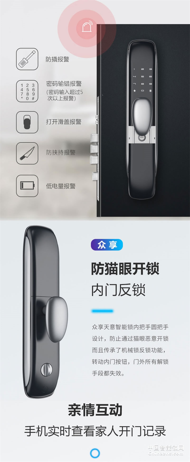 眾享帶攝像頭防盜門鎖 臨時密碼 多重開鎖