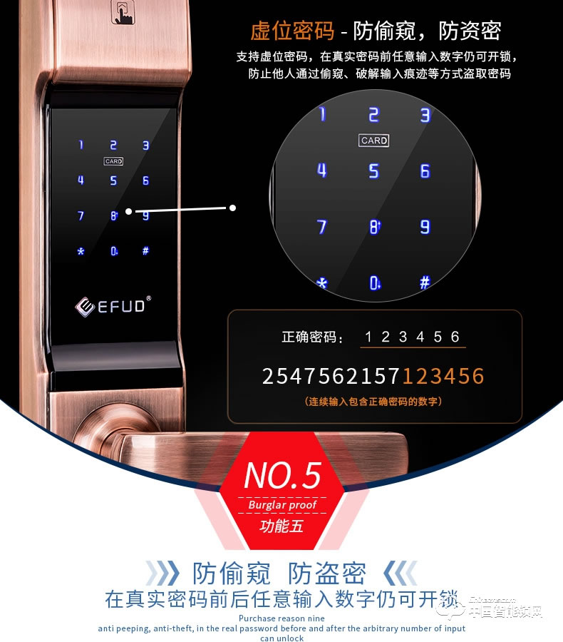 愛而福德指紋鎖 紅古銅密碼智能電子鎖 家用防盜門刷卡門禁鎖