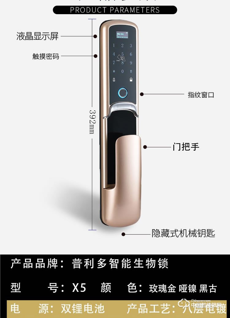 普利多智能鎖 推拉式指紋密碼鎖