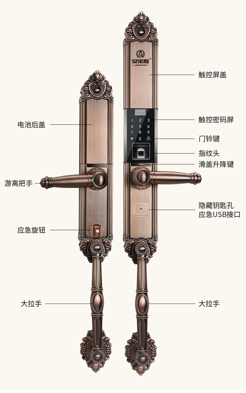 安諾斯智能鎖戶外密碼鎖防水高檔別墅大門歐式指紋鎖帶門鈴電子鎖