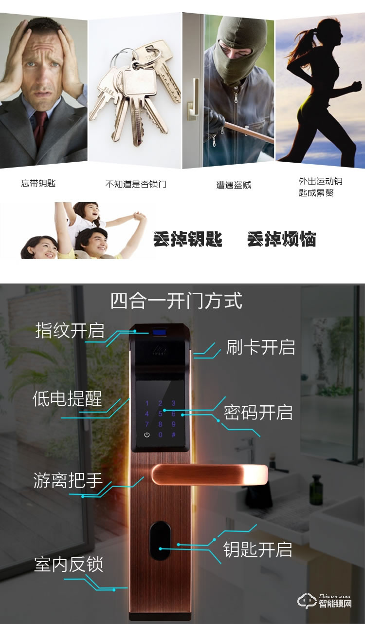 安諾斯智能鎖 指紋密碼刷卡鑰匙門鎖ANS6602