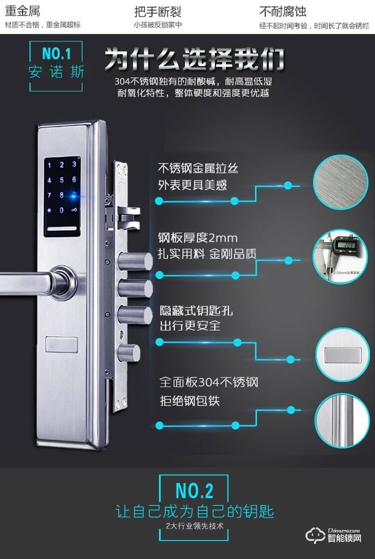 安諾斯智能鎖 密碼鎖304不銹鋼防盜門鎖智能家用門鎖