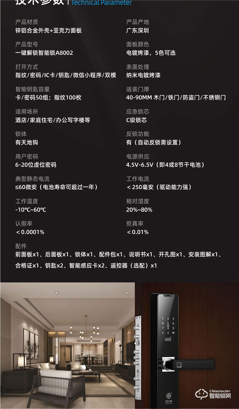 鴻興福智能鎖 A8002一鍵解鎖智能指紋鎖