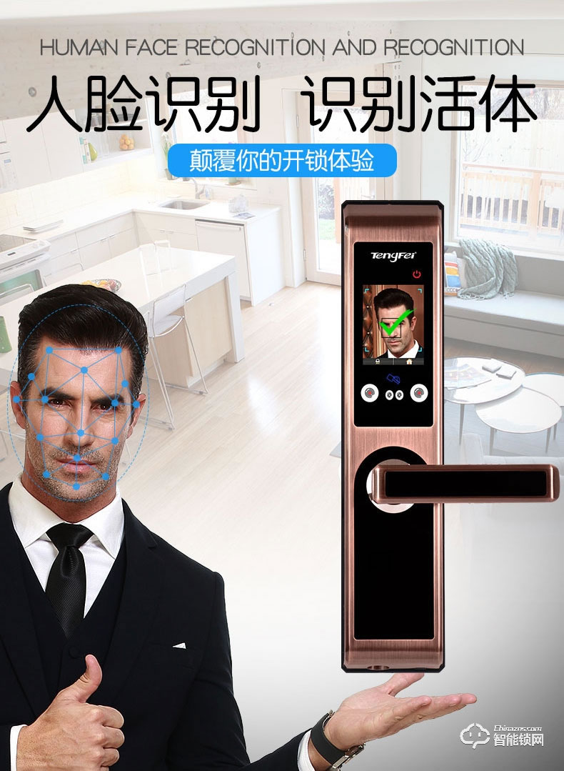 騰飛指紋鎖 人臉識別鎖家用推拉式智能密碼鎖
