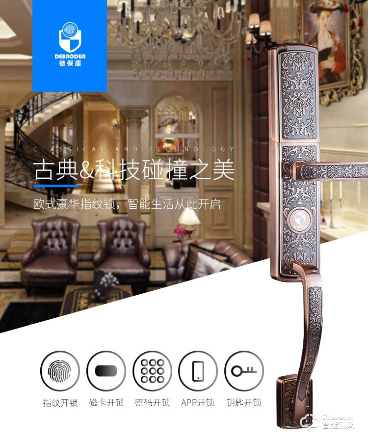 德堡盾指紋鎖 DH777別墅高檔歐式復古密碼鎖
