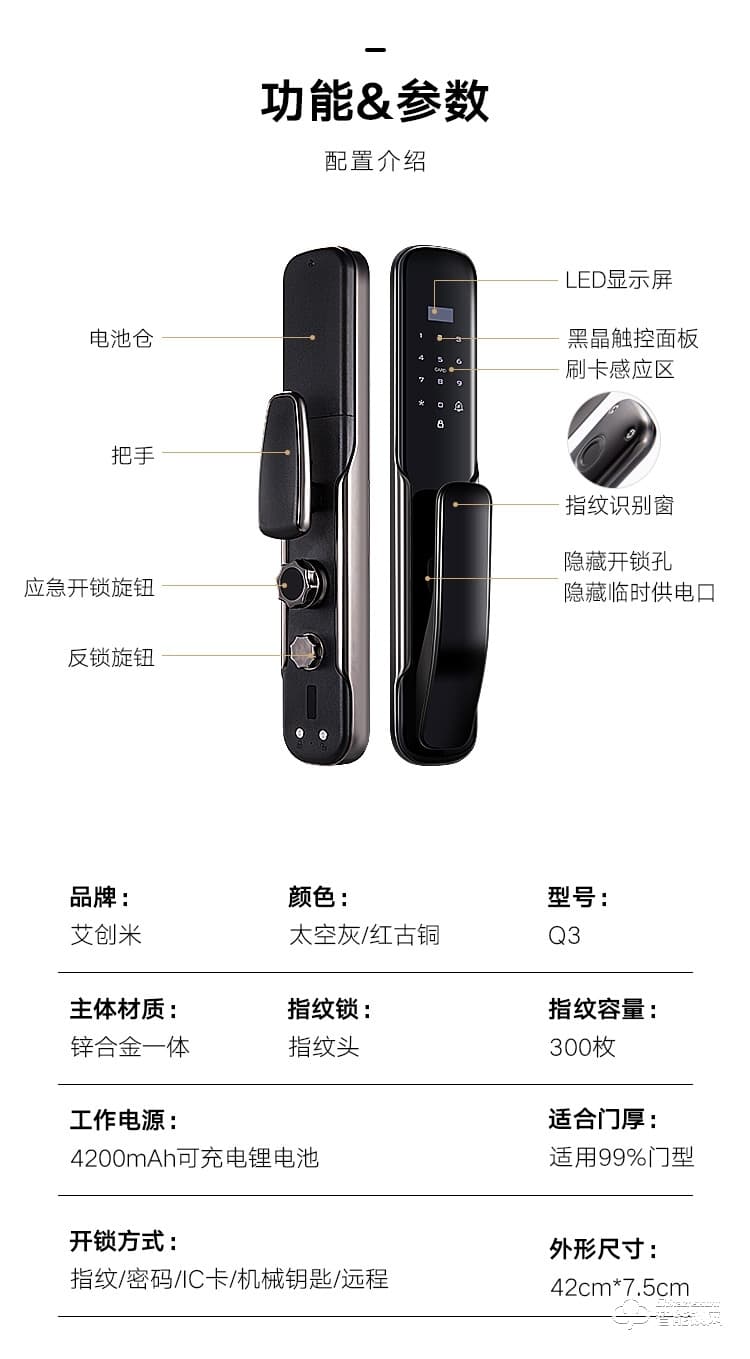 艾創(chuàng)米智能鎖 Q3家用防盜門密碼鎖電子門鎖