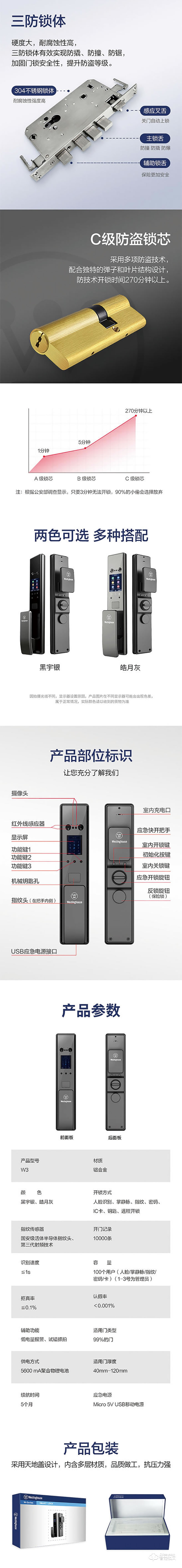 西屋智能鎖 W3人臉識別全自動家用防盜門電子門鎖