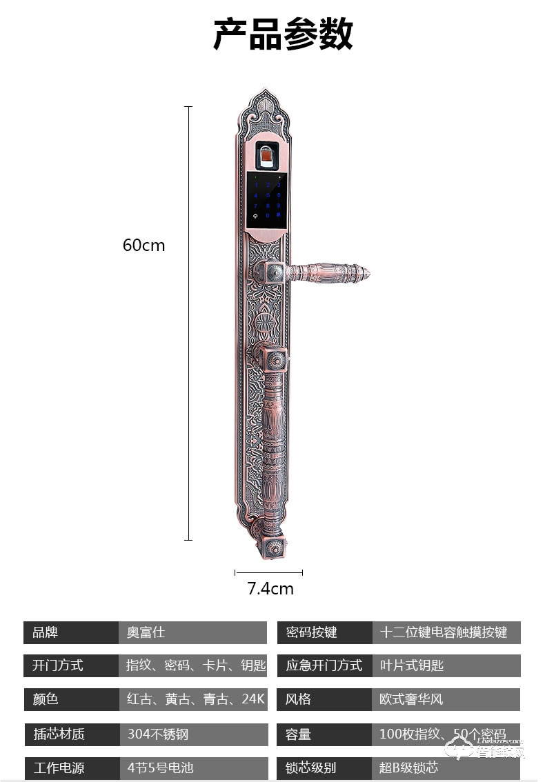 奧富仕智能鎖 AFS-A1573別墅鎖歐式風格大門鎖