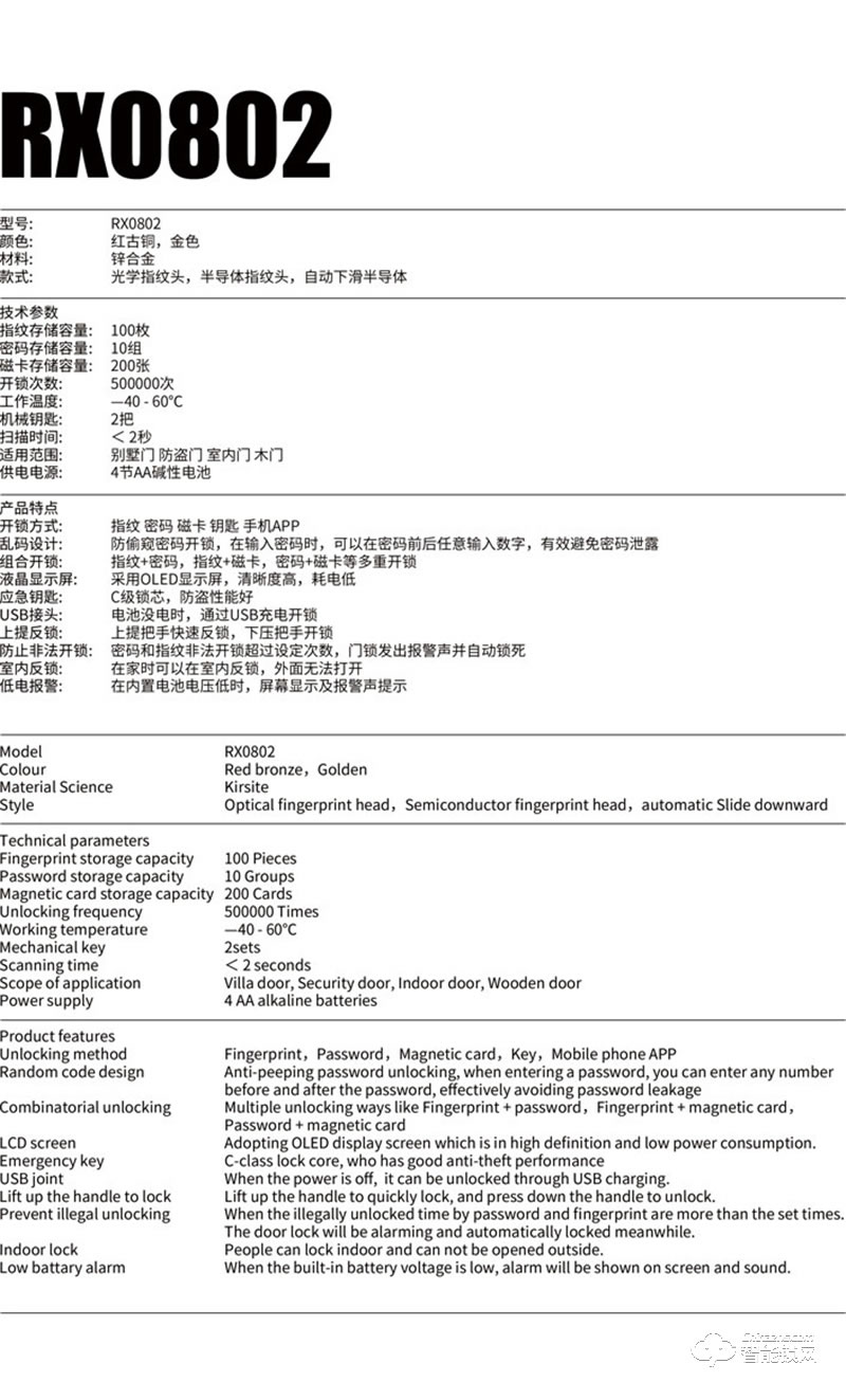 CK智能鎖 RX0802防盜門(mén)木門(mén)智能門(mén)鎖