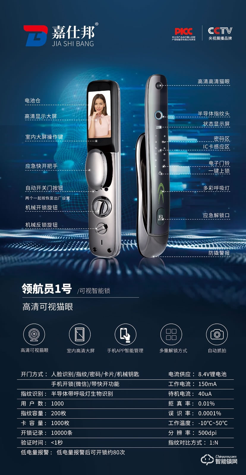 嘉仕邦可視智能鎖領航員1號高清可視貓眼