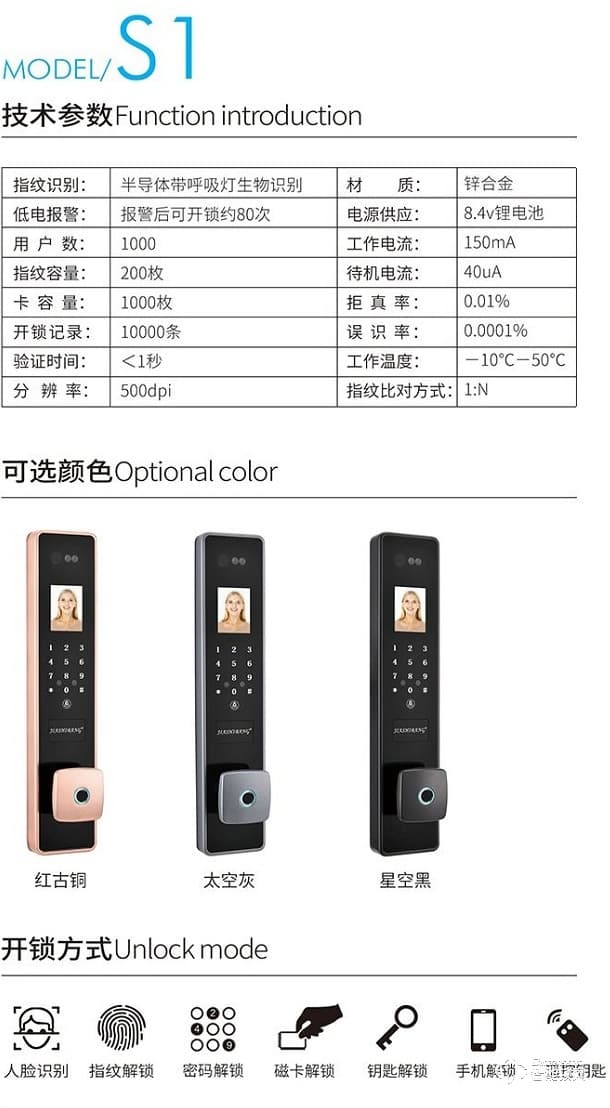 嘉仕邦人臉識別智能鎖S1  生物識別 防復制