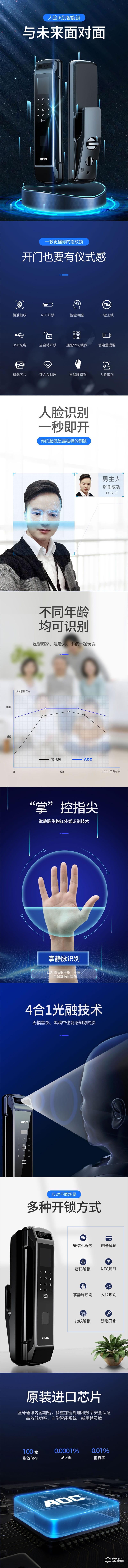 AOC人臉識別智能鎖E9 家用防盜門十大品牌指紋鎖