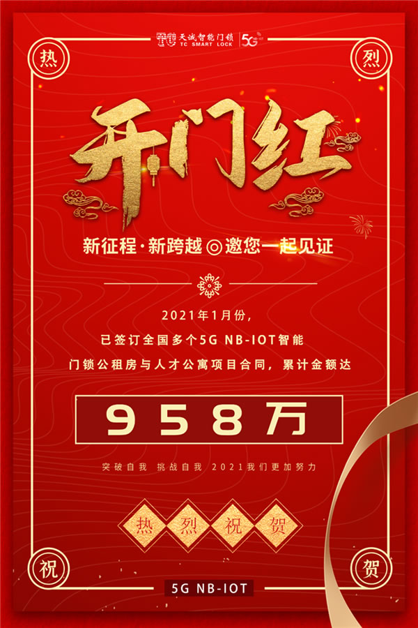 958w簽約佳績!天誠迎2021開門紅,5G NB-IoT智能鎖市場這么香? 958w簽約佳績!天誠迎2021開門紅,5G NB-IoT智能鎖市場這么香?