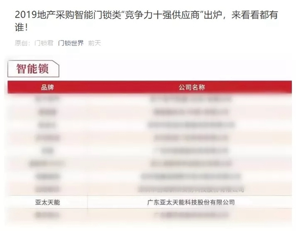 亞太天能獲選指紋鎖供應商行業競爭力十強