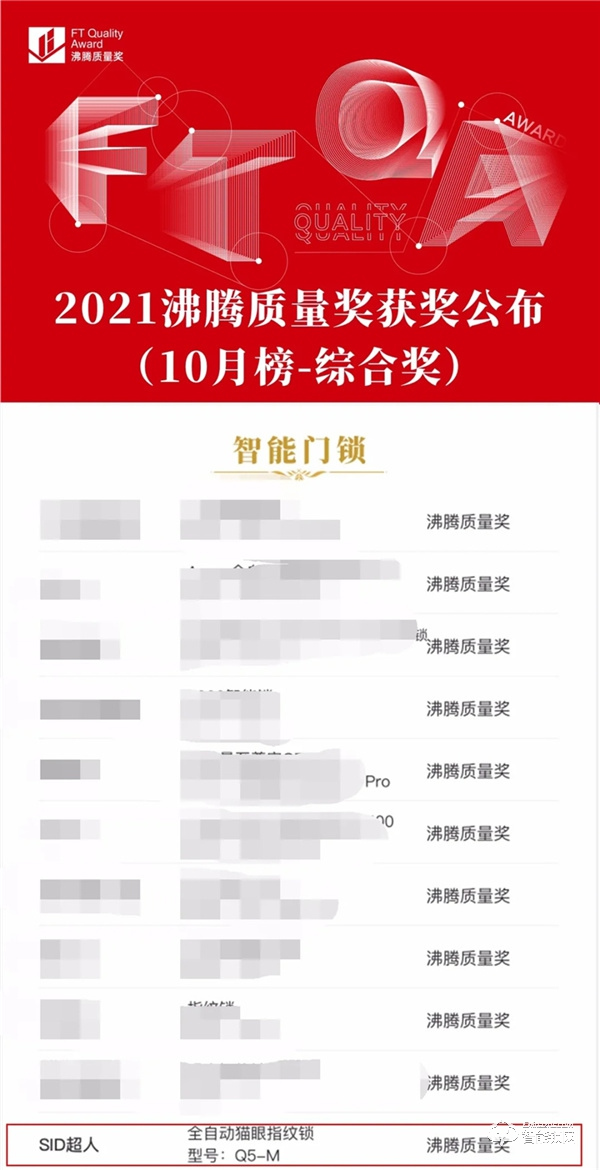 品質(zhì)認(rèn)證！超人智能門鎖榮獲沸騰質(zhì)量獎