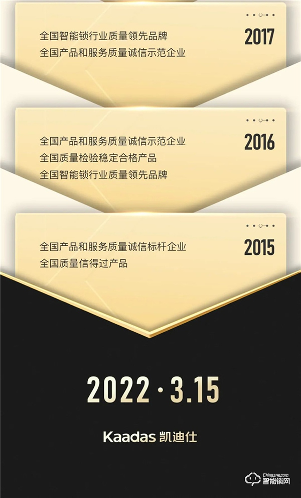 Kaadas凱迪仕連續八年獲中國質量檢驗協會3.15權威認證！